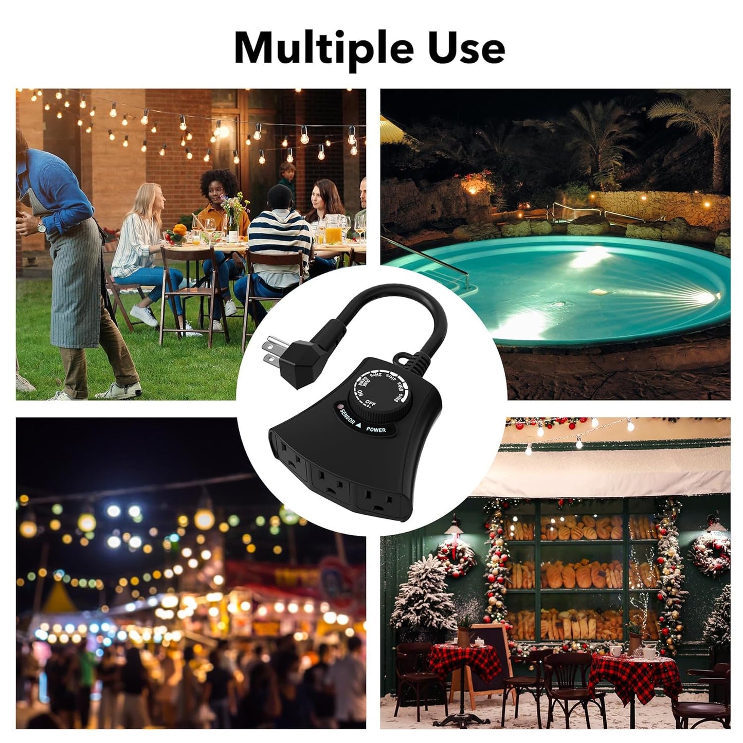 HBN Outdoor Light Timer Waterproof, Weatherproof Photocell Dusk to Dawn Light Sensor Timer 2/4/6/8 Countdown Timer, 3 Grounded Outlet for Christmas Lights,Hallowen Deceration,1875W 15A 1/2HP