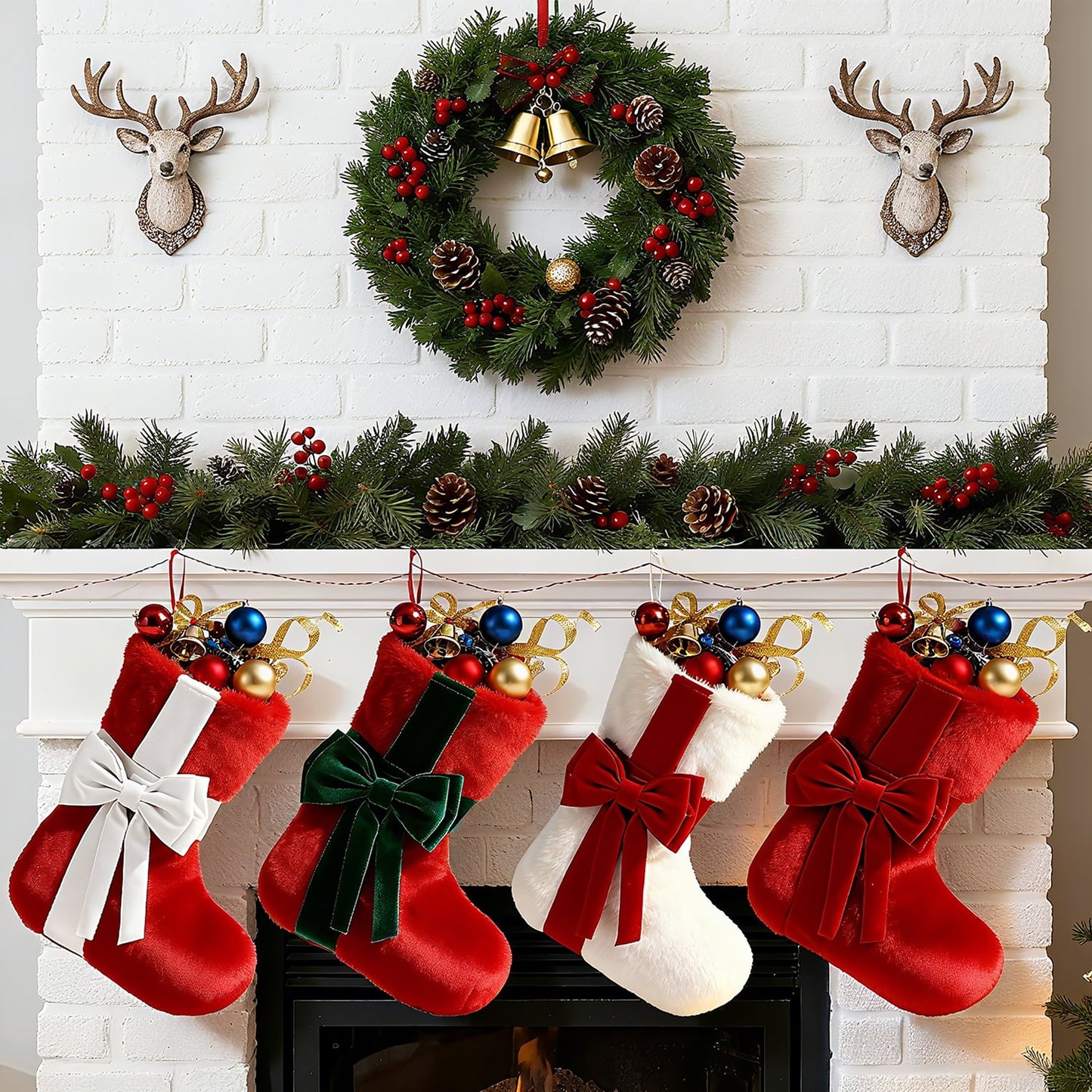 Behome 4 Pack Christmas Stockings, Xmas Plush Stocking Fireplace Decor Hanging Christmas Socks, 18" Holiday Christmas Decoration Gifts for Family Kids