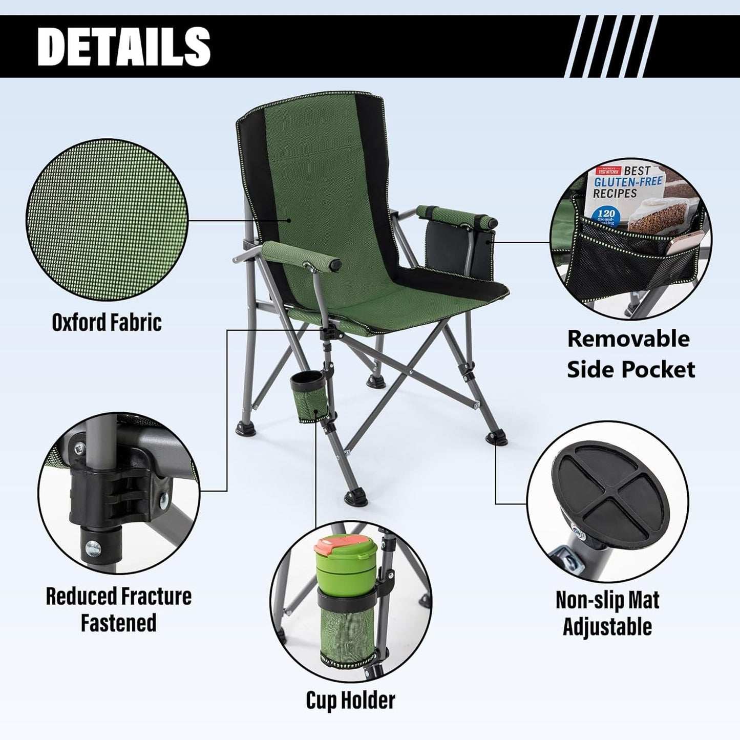 BN-LINK Oversized Folding Camping Chair, Heavy Duty Support 400 Lbs Portable Padded Arm Chair with Cup Holder and Side Pocket, for Beach, Fishing, Outdoor Activities