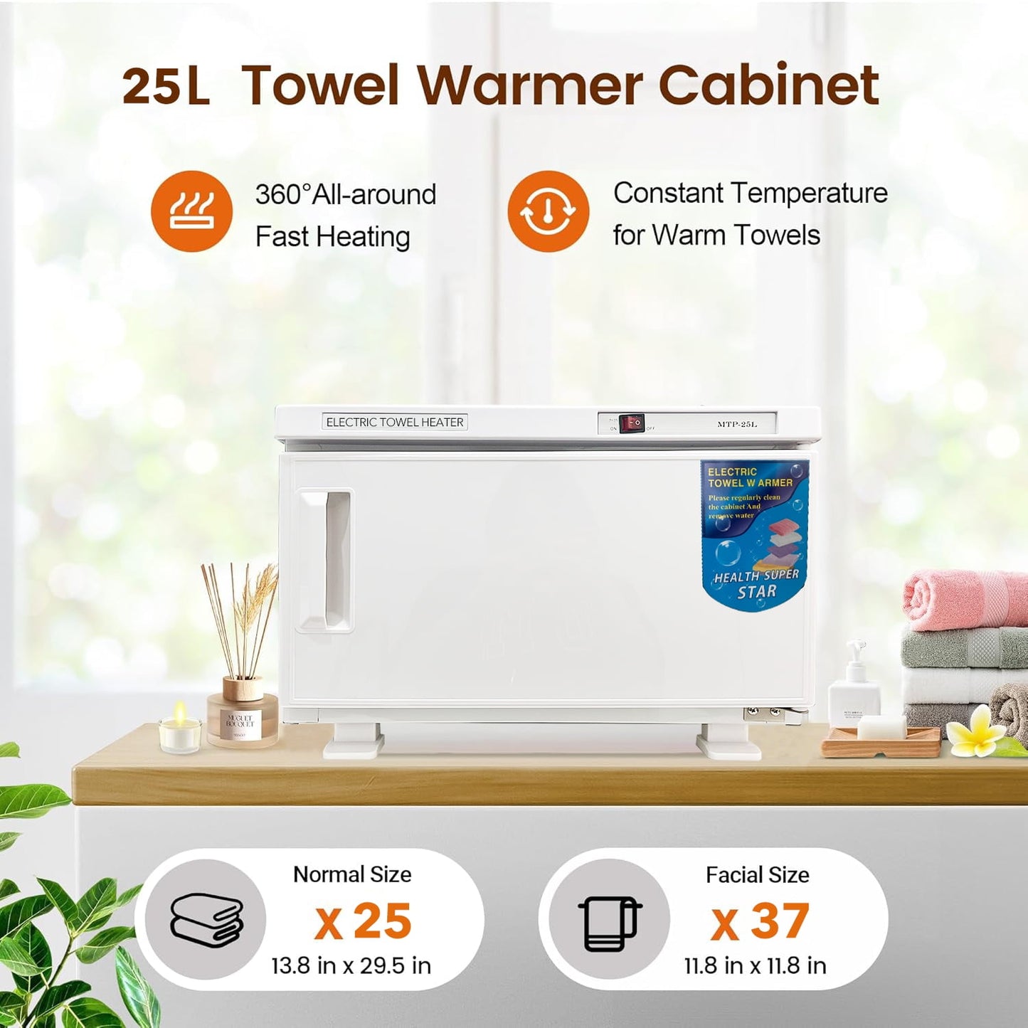 Behome 25L Towel Warmer, White Large Hot Bath Towel Warmer Cabinet with Stainless Steel Racks, Heating Use for Facial Spa, Hair Beauty, Salon Equipment and Home