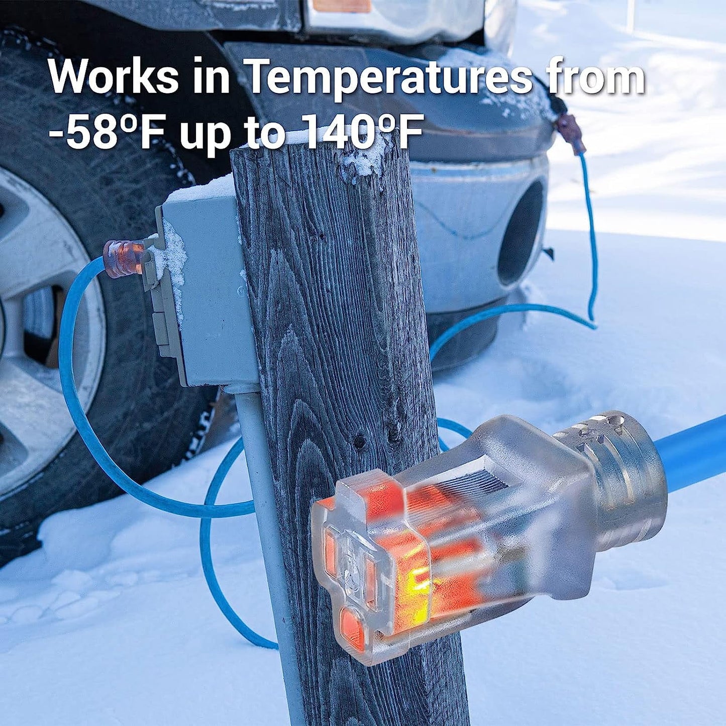 Clear Power 50 ft Extreme Cold Weather Outdoor Extension Cord, Lighted End, 16/3 SJTW, Works Down to -50°C, Power Indicator Light, 3-Prong Grounded Plug, Blue