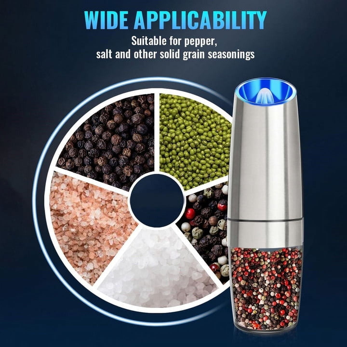 Behome 2 Pack Electric Salt and Pepper Grinder Set, Automatic Gravity Salt and Pepper Mill with Adjustable Coarseness, Battery Powered with LED Light, One Hand Operation