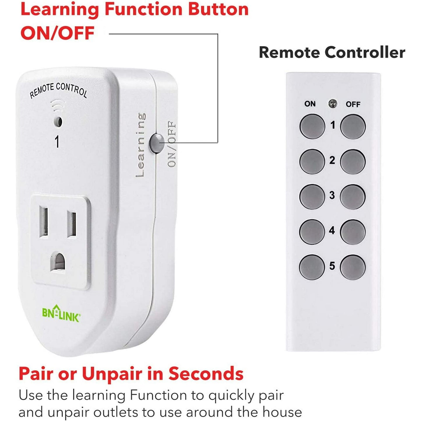BN-LINK Wireless Remote Control Outlet with Extra Long Range, for Household Appliances, White (2 Remotes + 5 Outlets)