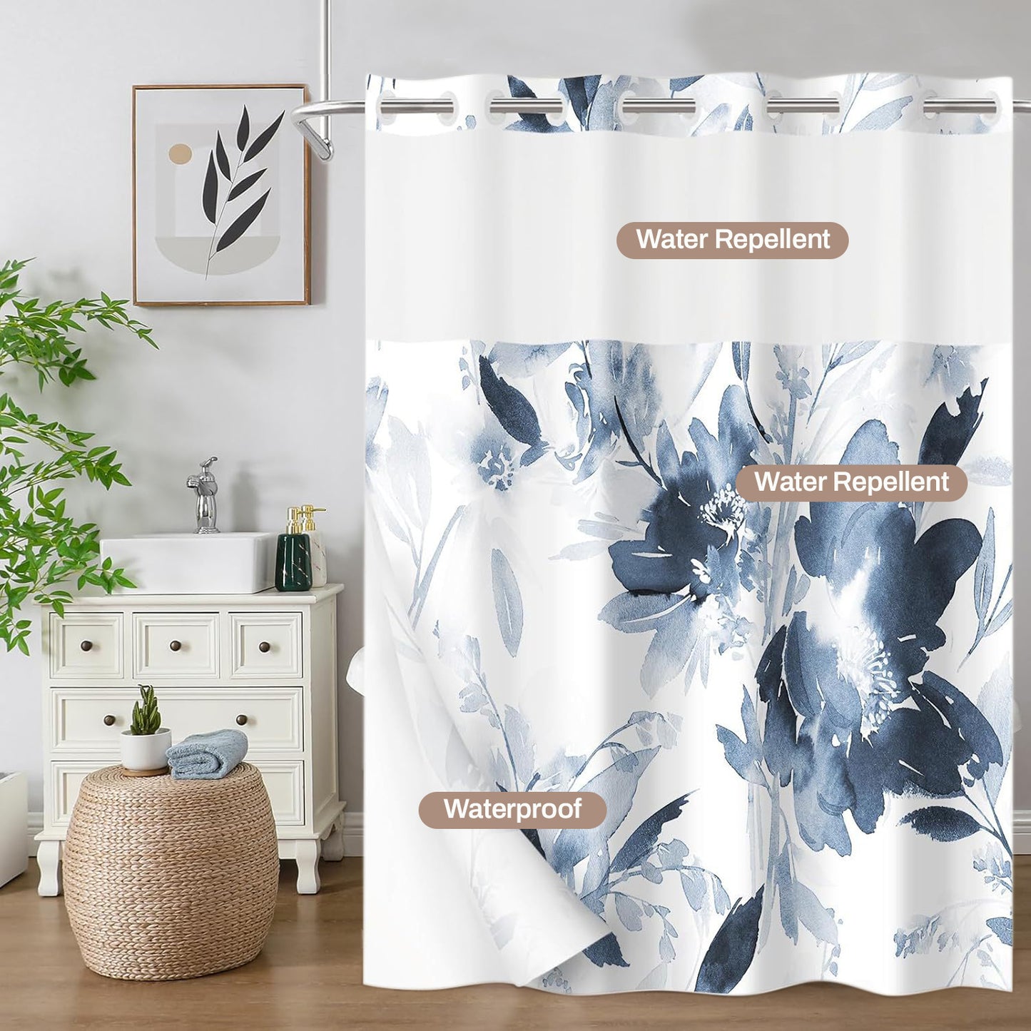 Behome Shower Curtain, Double-layer Waterproof Thick Fabric Shower Curtain, Bath Curtain Set for Bathroom, 71Wx74H, Blue and White