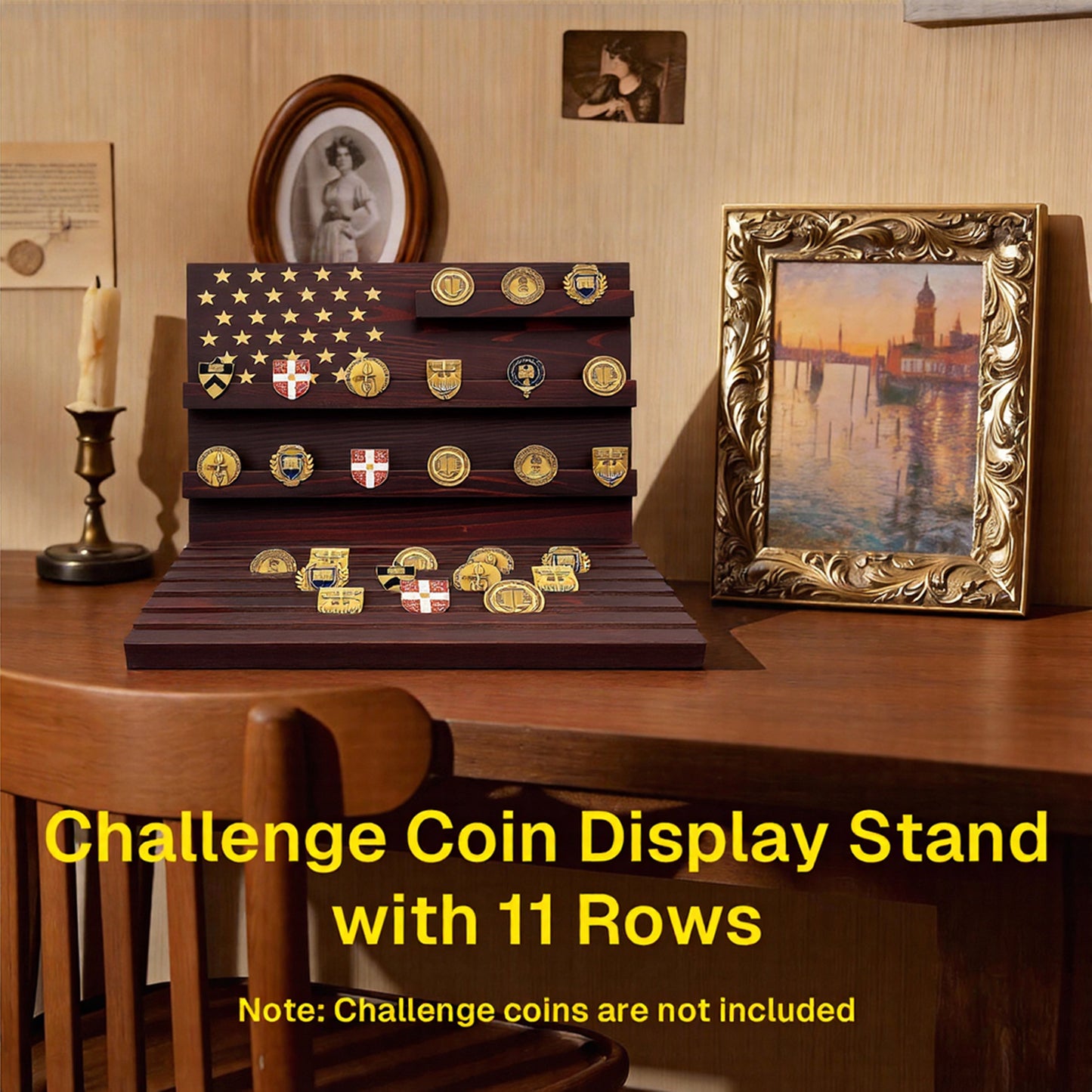 Behome Challenge Coin Display, 12-Row Solid Wood Coin Holder with Sloped Base, Holds 72-100 Coins, Coin Holders for Collectors, Coins Not Included, Brown