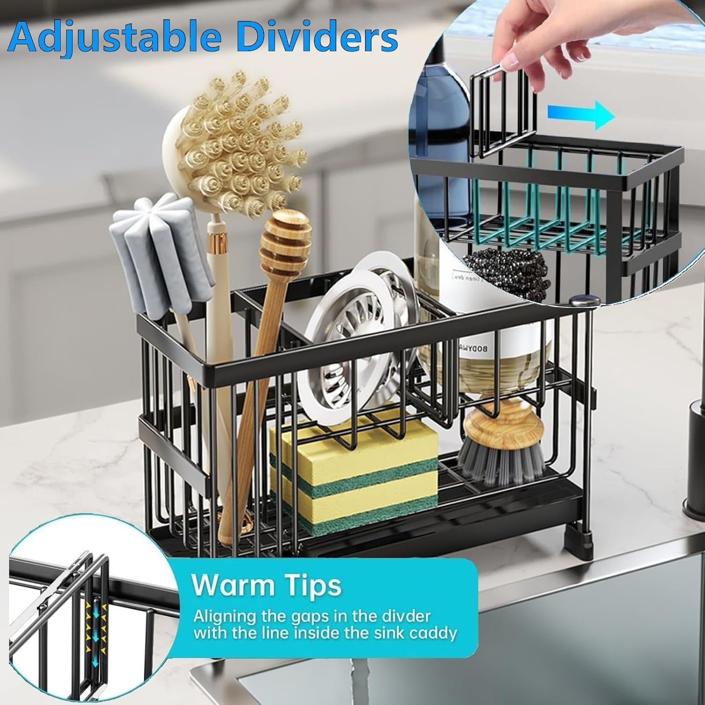 Behome 2-Tier Sponge Holder for Kitchen Sink, Sink Caddy Organizer with Brush Holder and Removable Drain Tray, Rustproof Countertop Organizer for Sponge, Soap Dispenser Storage Accessories