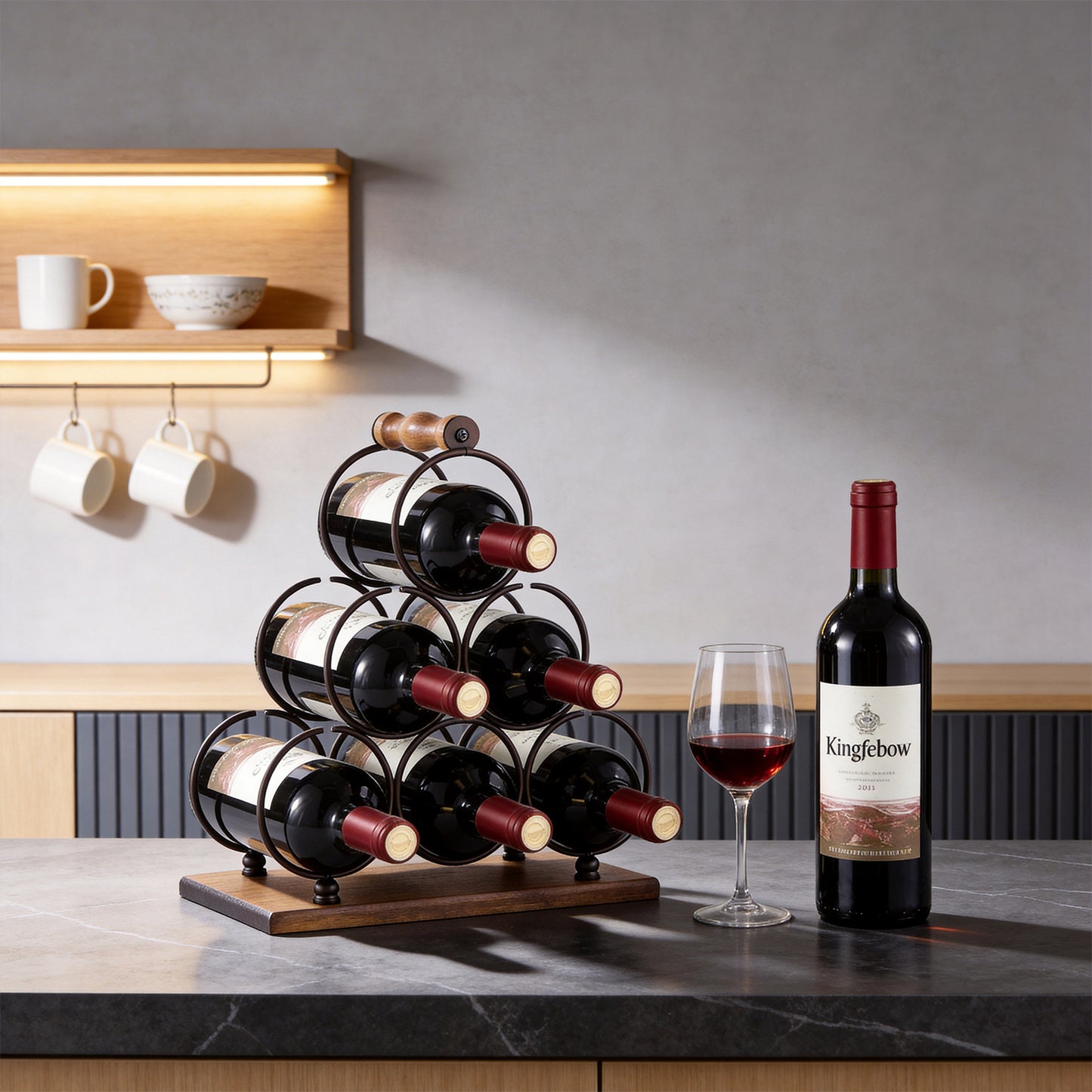 Behome Countertop Wine Rack, 6 Bottles Tabletop Wine Bottle Holder, Wood Handle & Base, for Home Decor, Bar, Wine Cellar, Cabinet, Pantry, etc