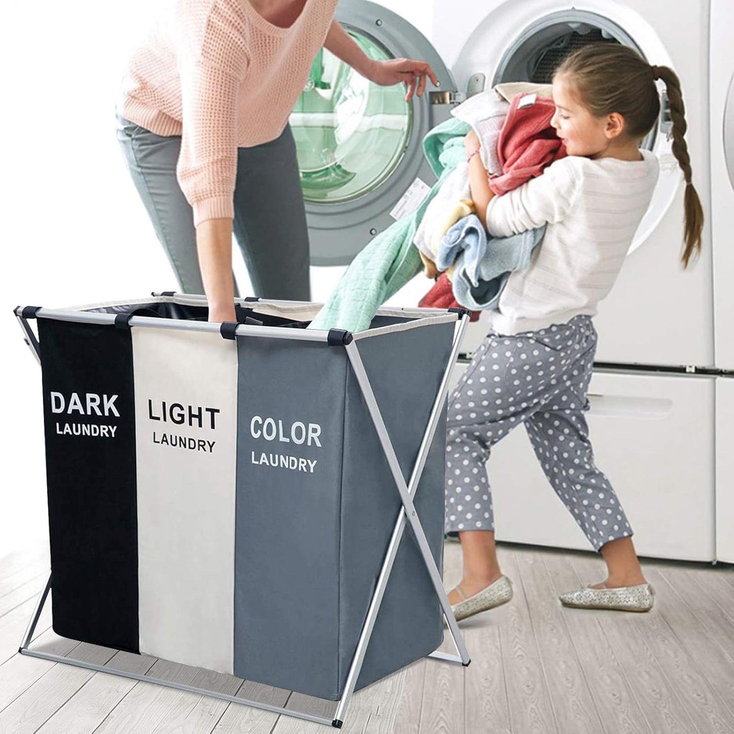BN-LINK Laundry Basket, 3 Section Portable Laundry Bag for Dirty Clothes, Collapsible Tall Clothes Hamper with Handles for Laundey Room, Living Room