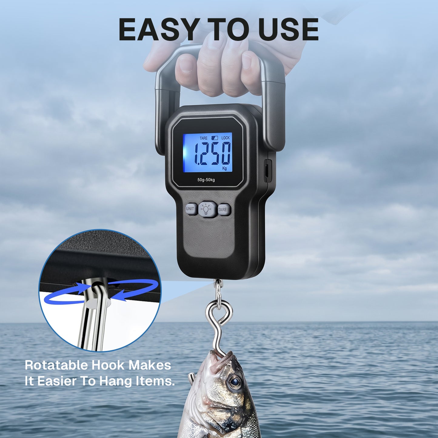 Behome Digital Fish Scale with Measuring Tape, Hanging Luggage Weigh Scale with Backlit LCD Display & Large Handle, Travel Scale for Outdoor, Hunting, Fishing, 110 Pounds, Battery Included