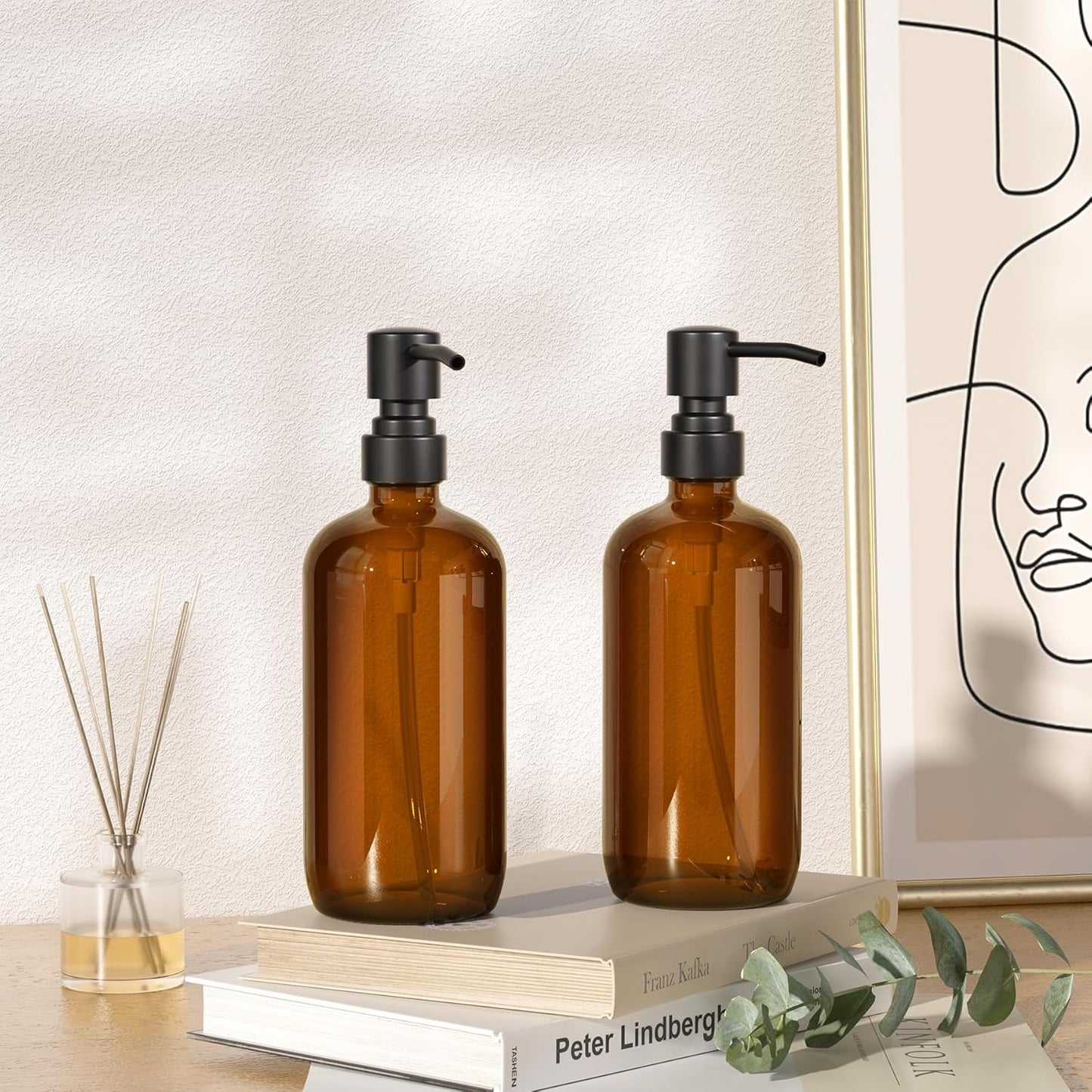 Behome 2 Pack Glass Soap Dispenser with Labels, 17 Oz Amber Hand Soap Dispensers with Stainless Steel Pump, for Essential Oil, Lotion