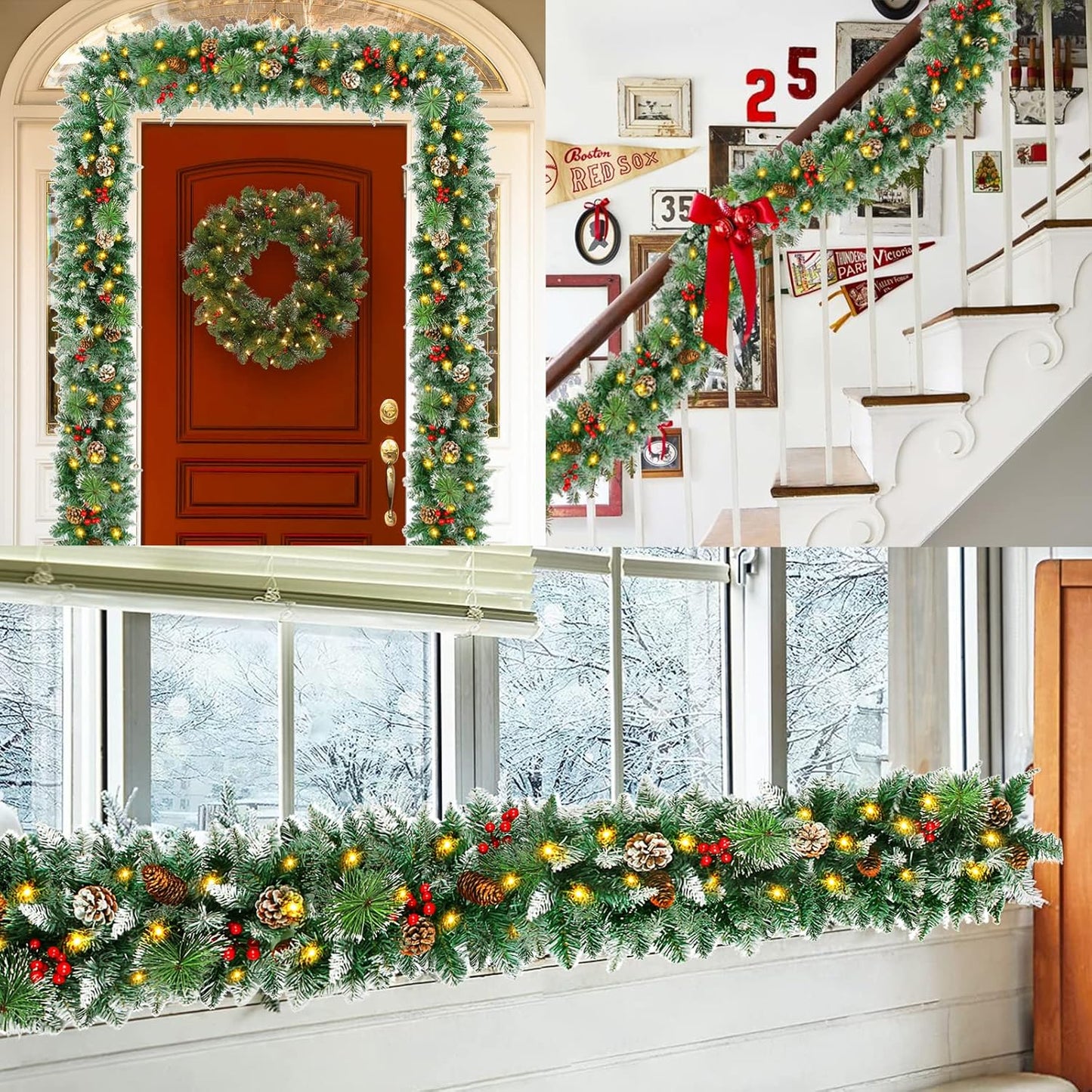 BN-LINK 9FT Christmas Garland with 8 Lighting Modes, Battery Operated Garland with Pine Cones Red Berries, 50 LED Lights & 240 Branch Tips, Christmas Decor for Indoor Outdoor Home