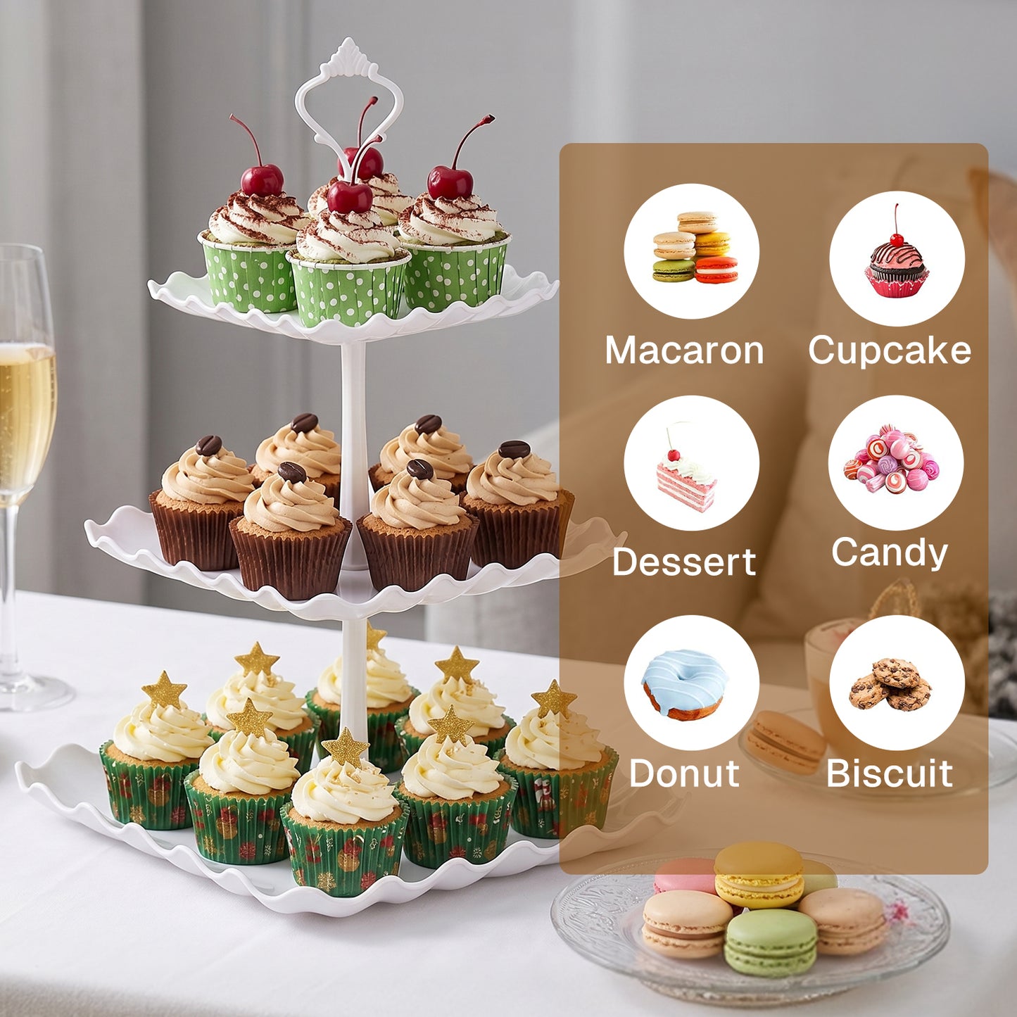 Behome 5 Pack Cupcake Stand, 2 Three-Tier Cup Cake Holder Tower and 3 Serving Trays Cake Stand Set, Square Dessert Holder for Birthday, Tea Party, Wedding, Baby Showers,White