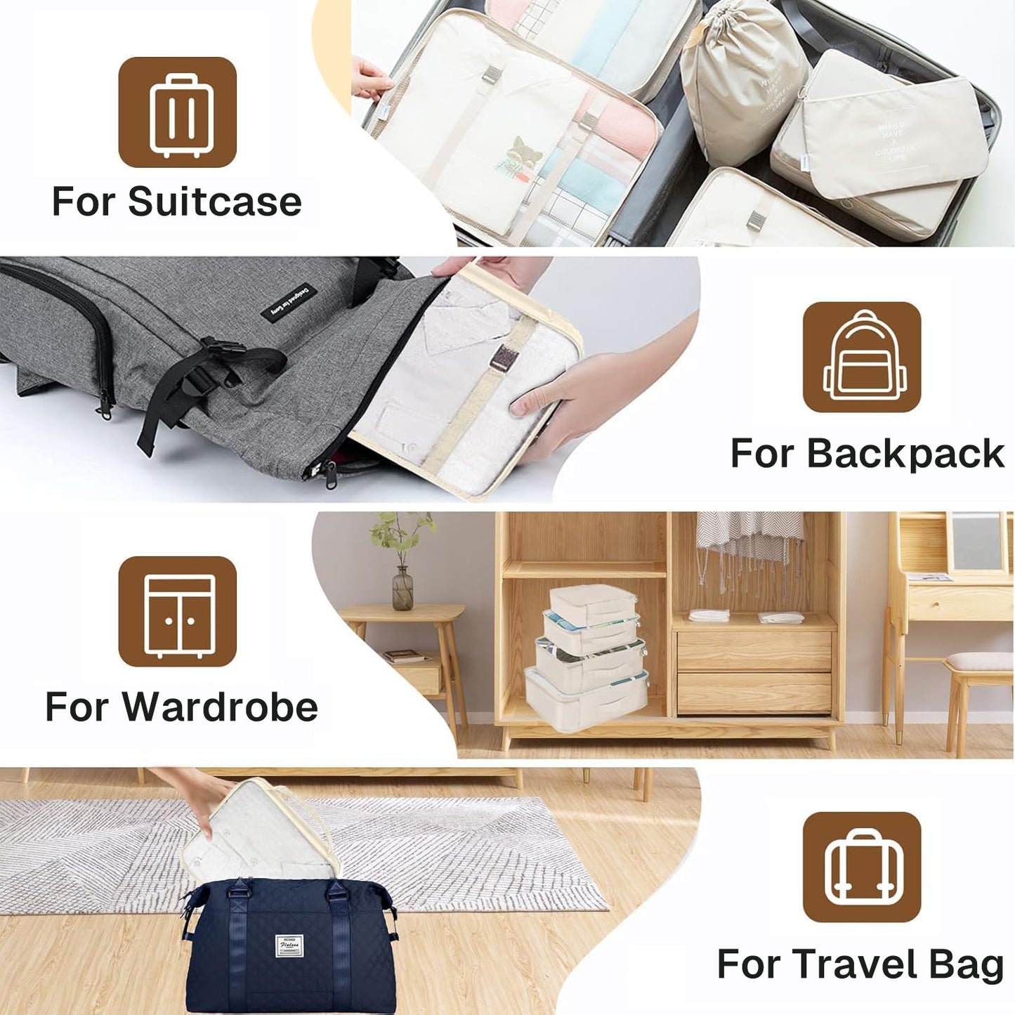 Behome 8 Set Packing Cubes, Suitcase Organizer Bags for Travel Accessories, Luggage Packing Organizers with Shoe/Tioletry/Clothing Bag