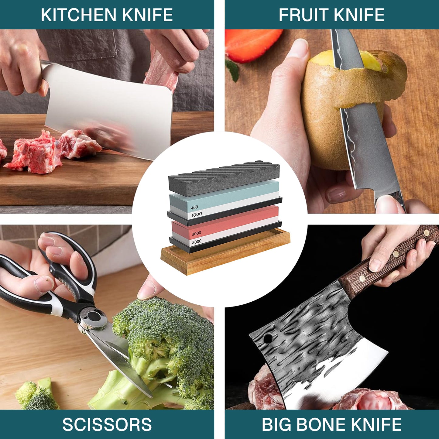 Behome Knife Sharpening Stone Set, Whetstone 4 Side Grit 400/1000 & 3000/8000, Knife Sharpening kit with Bamboo Rubber Base, Angle Guide, Flattening, Honing Guide, Leather Strop