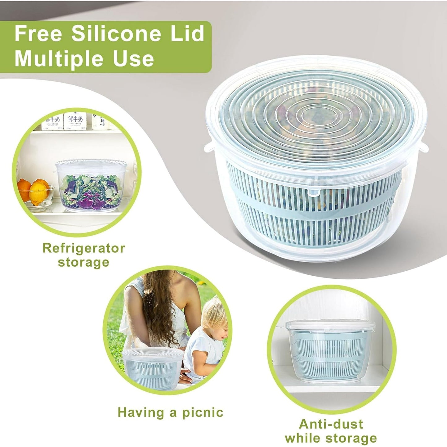 BN-LINK Salad Spinner, 4.8 Quart Large Capacity, Durable Multi-Use Lettuce and Fruit Washer Spinner& Dryer with Built-in Drainage System, Non-skid Base and Free Silicone Lid for Storage or Picnic