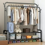 BN-LINK Double Rods Clothes Rack with Wheels, Rolling Clothing Garment Rack with 2 Bottom Shelves & 4 Side Hooks, Heavy Duty Clothes Organizer for Bedroom, Laundry, Living Room, Black