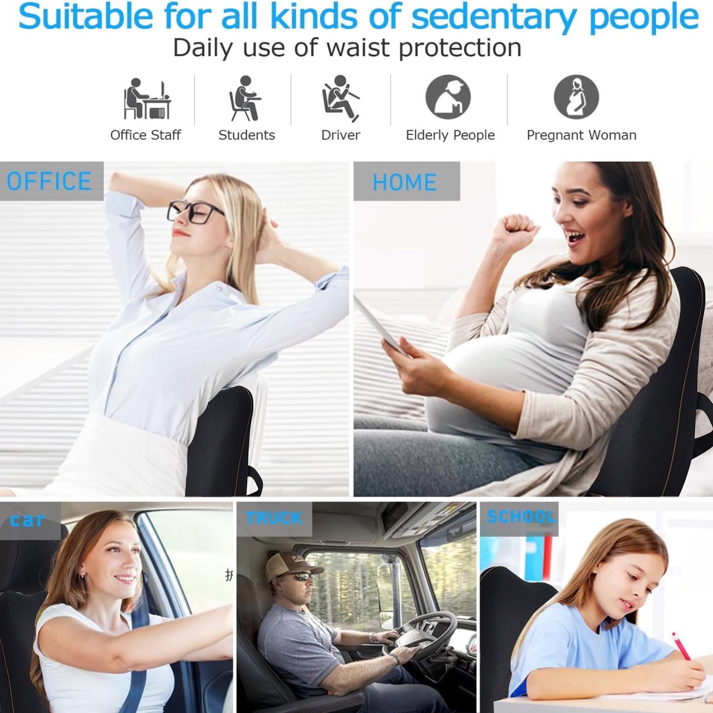 Behome Lumbar Support Pillow For Office Chair and Car Seat, Memory Foam Back Cushion with Adjustable Strap for Back Pain Relief