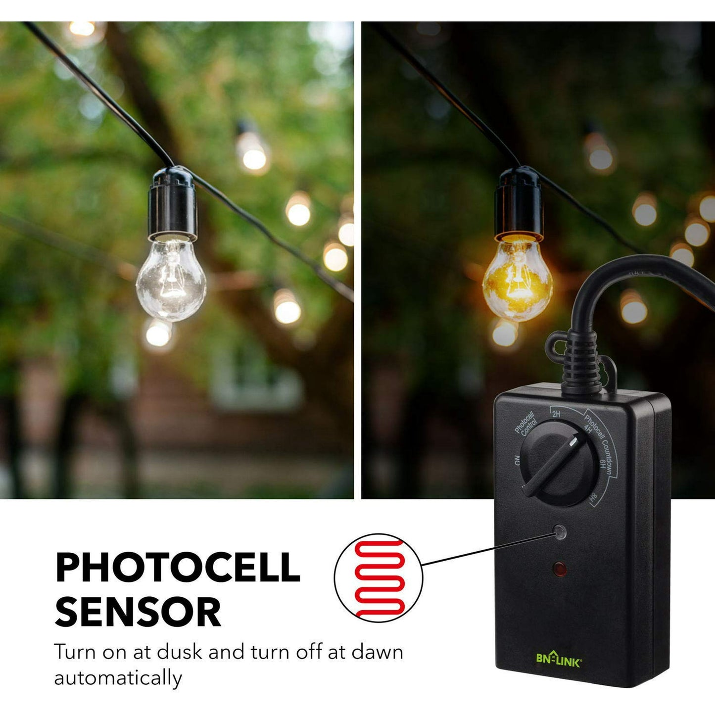 BN-LINK outdoor 24-hour timer with photocell light sensor, water resistant photoelectric countdown timer(2, 4, 6 or 8 hours mode), weatherproof, two (2) grounded outlets for home and garden, black