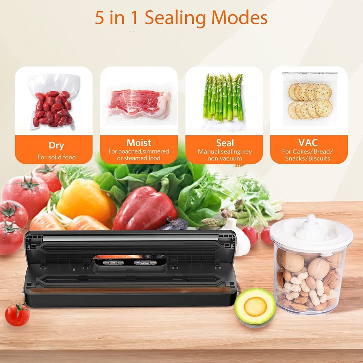 Food Vacuum Sealer Machine, Food Storage Saver Dry & Moist Food Modes, 5-in-1 Easy Options for Food Storage, with 5 Vacuum Seal Bags, Silver