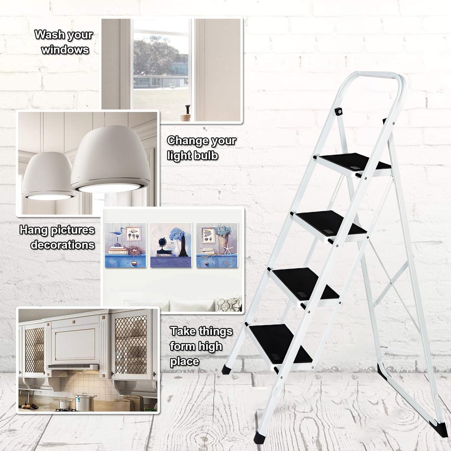 Behome 4 Step Ladder, Folding Step Stool with Wide Anti-Slip Pedal, Portable Sturdy Iron Ladder with Handrails for Home, Office, Library, 330 lbs Capacity, White & Black