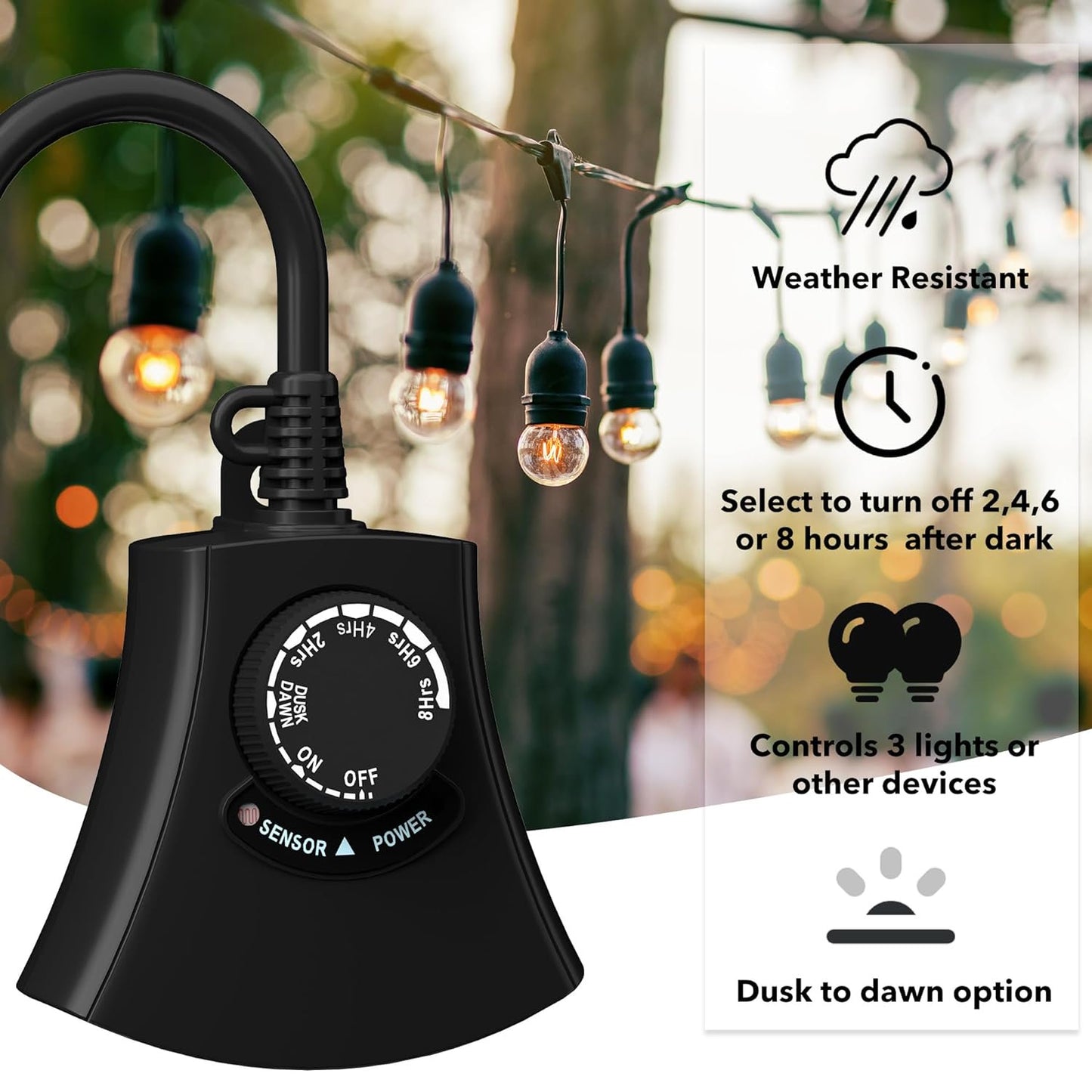 HBN Outdoor Light Timer Waterproof, Weatherproof Photocell Dusk to Dawn Light Sensor Timer 2/4/6/8 Countdown Timer, 3 Grounded Outlet for Christmas Lights,Hallowen Deceration,1875W 15A 1/2HP