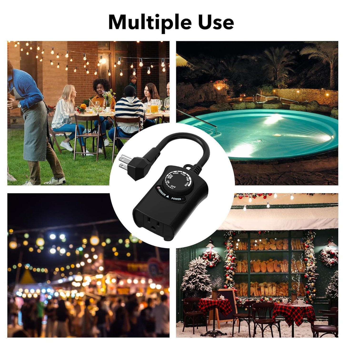 HBN Outdoor Light Timer Waterproof, Weatherproof Photocell Dusk to Dawn Light Sensor Timer 2/4/6/8 Countdown Timer, 1 Grounded Outlet for Christmas Lights,Hallowen Deceration,1875W 15A 1/2HP