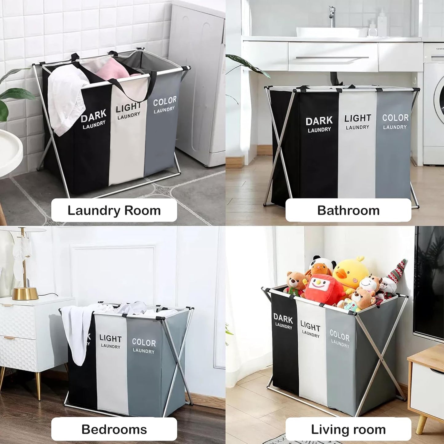 BN-LINK Laundry Basket, 3 Section Portable Laundry Bag for Dirty Clothes, Collapsible Tall Clothes Hamper with Handles for Laundey Room, Living Room