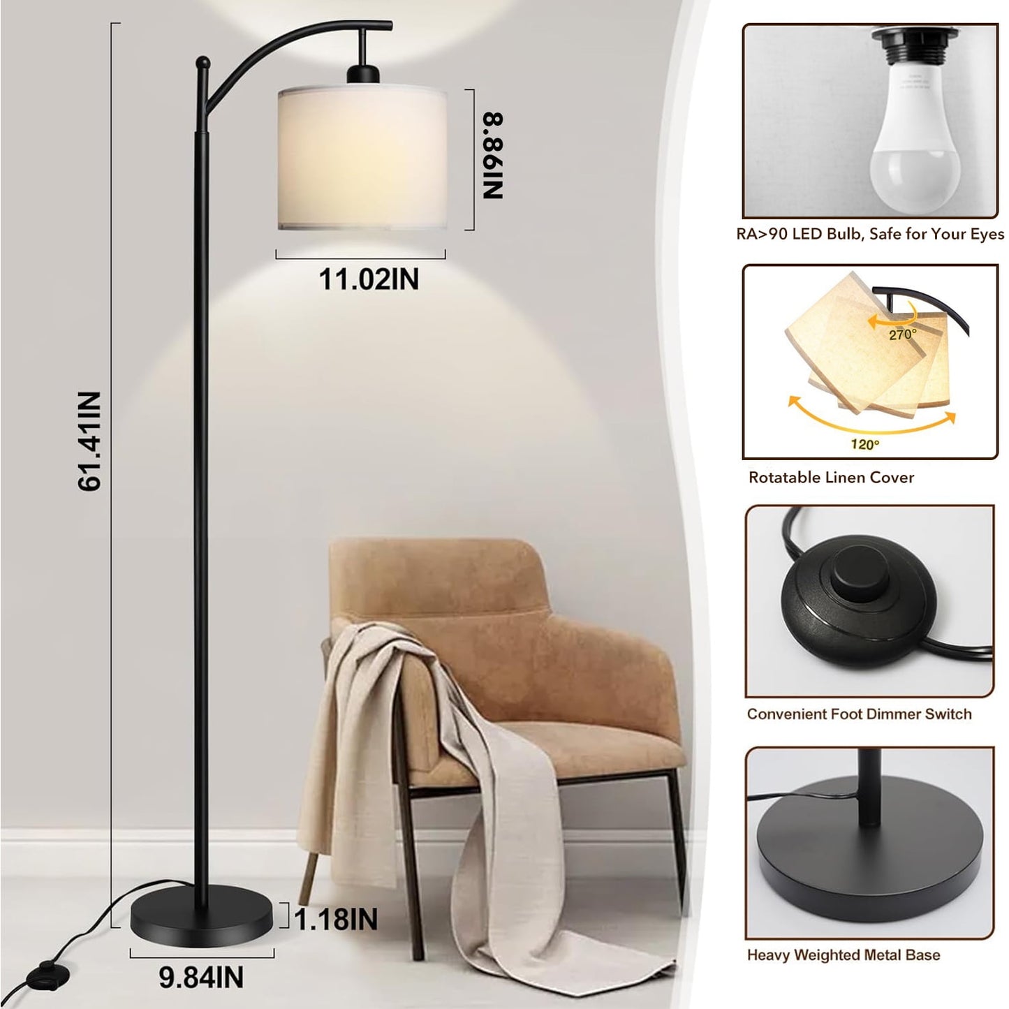 Behome Dimmable Floor Lamp with 3 Color Temperatures, Standing Lamp with Linen Shade & 600 Lumens 9W LED Bulb Included, Tall Lamp for Living Room, Office, Dining Room(Black)