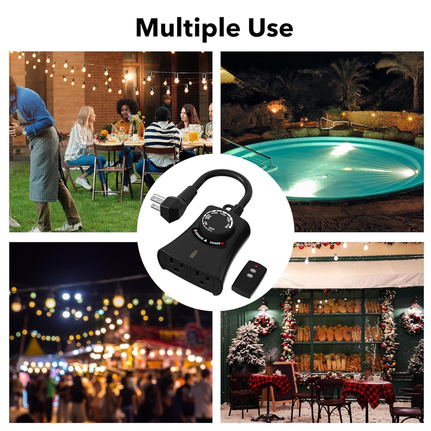 HBN Outdoor Light Timer Waterproof, Weatherproof Photocell Dusk to Dawn Light Sensor Timer with Remote Control, 2/4/6/8 Countdown Timer, 2 Grounded Outlet for Christmas Lights,1875W 15A 1/2HP