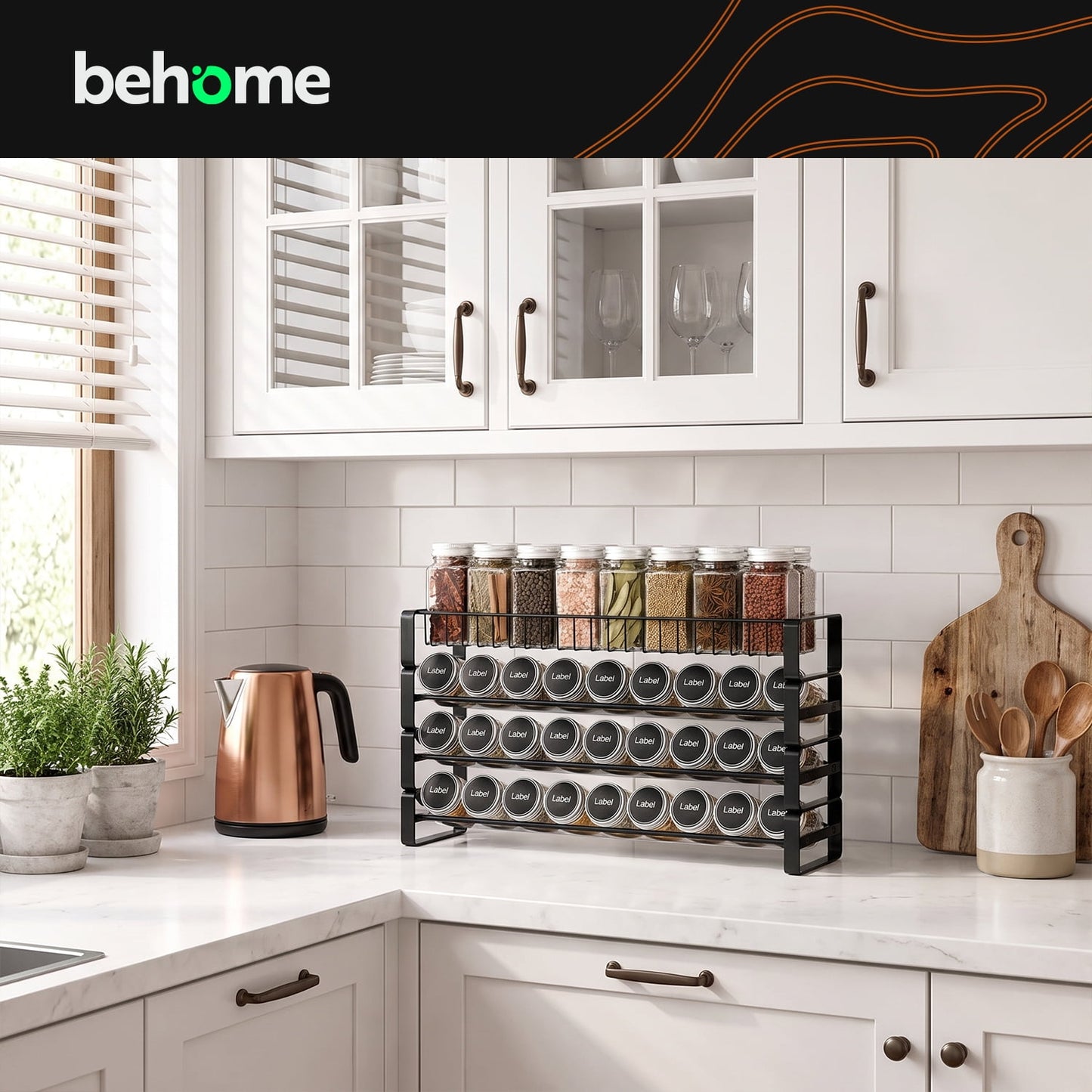 Behome 4 Tiered Spice Rack Organizer for Cabinet, Spice Seasoning Rack Organizer Without Jars, Metal Seasoning Storage Rack for Kitchen Countertop, Black