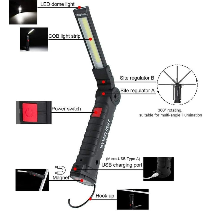 Behome 2 Pack LED Work Light, Rechargeable COB Light with Magnetic Base and Hook, 360°Rotate and 5 Modes, Cordless & Folding Flashlight for Workshop, Household(Black)