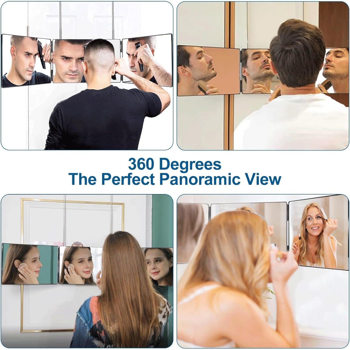BN-LINK 3 Way Mirror for Self Hair Cutting, 360 Trifold Mirror with Height Adjustable Telescoping Hooks, Foldable Three Sided Mirror for Shaving, Makeup, Hair Styling(Black)