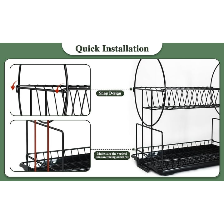 Dish Drying Rack - 2 Tier Dish Racks for Kitchen Counter with Drainboard, Utensil & Wine Glass Holder, Multifunctional Dish Drainer for Kitchen Organization, Black