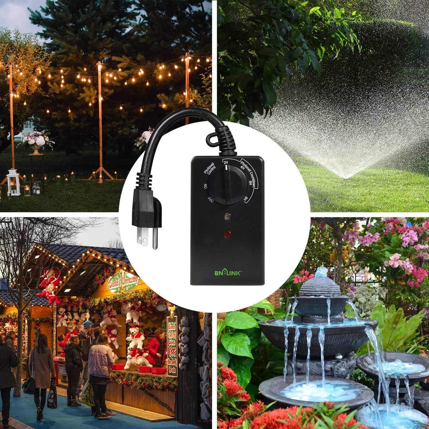 BN-LINK outdoor 24-hour timer with photocell light sensor, water resistant photoelectric countdown timer(2, 4, 6 or 8 hours mode), weatherproof, two (2) grounded outlets for home and garden, black