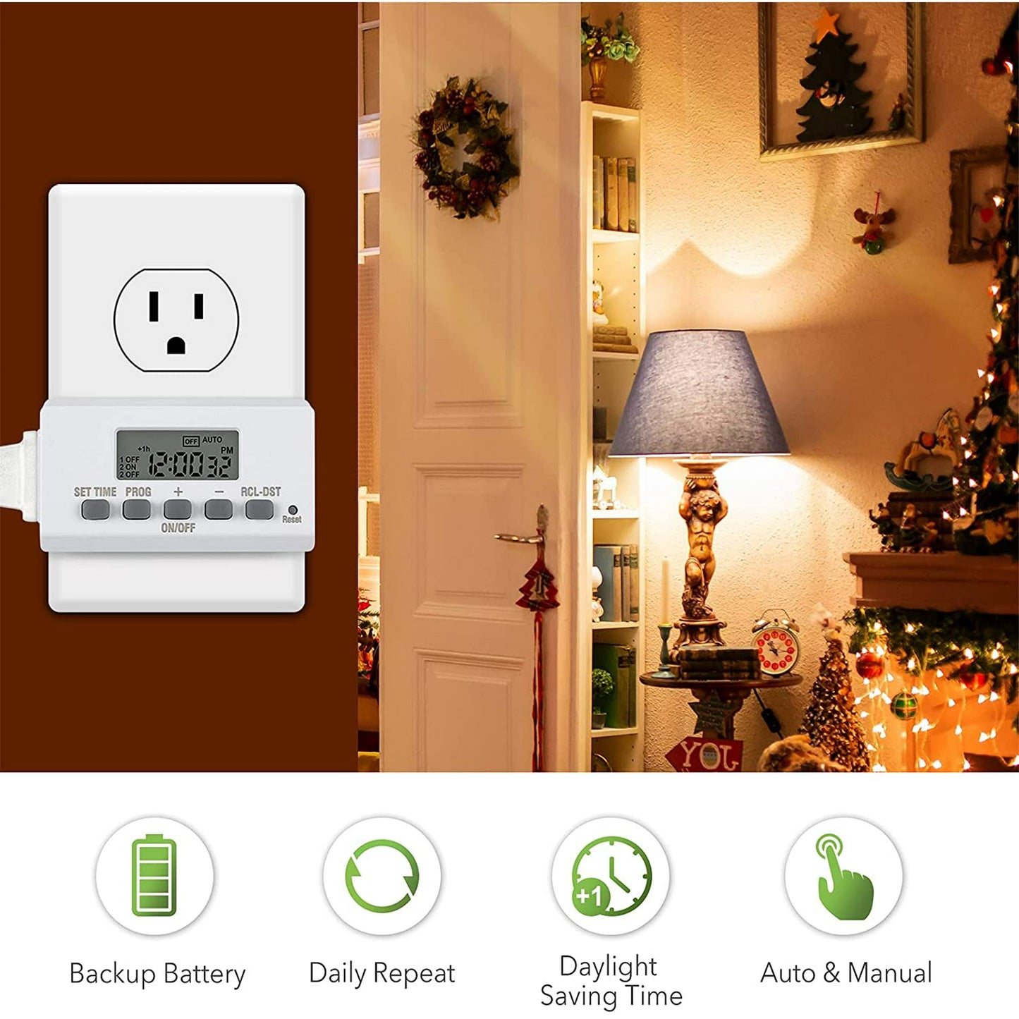 BN-LINK Digital Timer Outlet 24-Hour Programmable Digital Outlet Timer 2 Pack 2 On/Off Programs 2-Prong Mini Indoor Easy Set Stackable Plug-in for Lights Lamps Fans Accurate 8A/1000W 1/3HP
