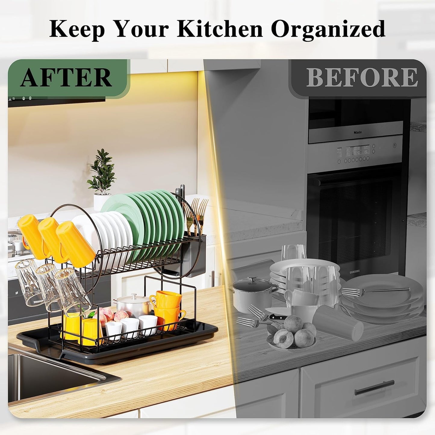 Dish Drying Rack - 2 Tier Dish Racks for Kitchen Counter with Drainboard, Utensil & Wine Glass Holder, Multifunctional Dish Drainer for Kitchen Organization, Black