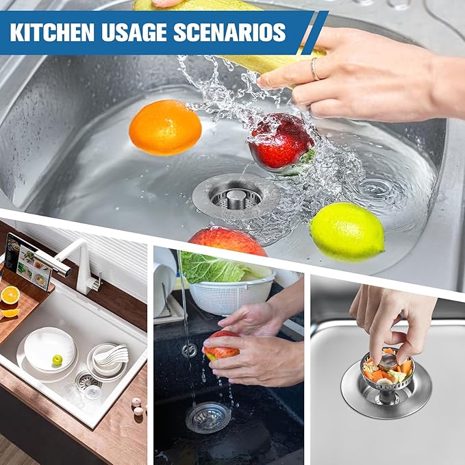 Behome 3 in 1 Kitchen Sink Drain Strainer, 304 Stainless Steel Pop Up Sink Stopper, Fits Standard 3-1/2 Inch Drain Hole, Universal Sink Protector Cover, Anti-Clogging Design, Silver