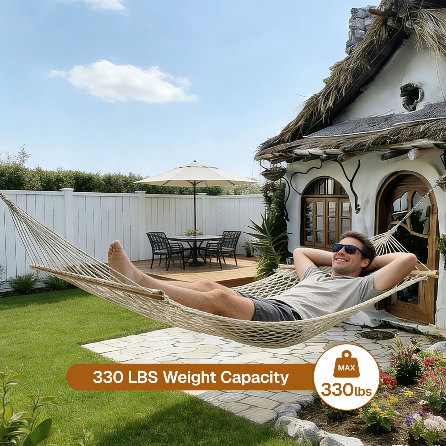 BN-LINK Cotton Rope Hammock,Handwoven Hammock with Hardwood Spreader Bars,Double Hammock for Outdoor Backyard Patio Poolside,330 LBS Weight Capacity, Natural