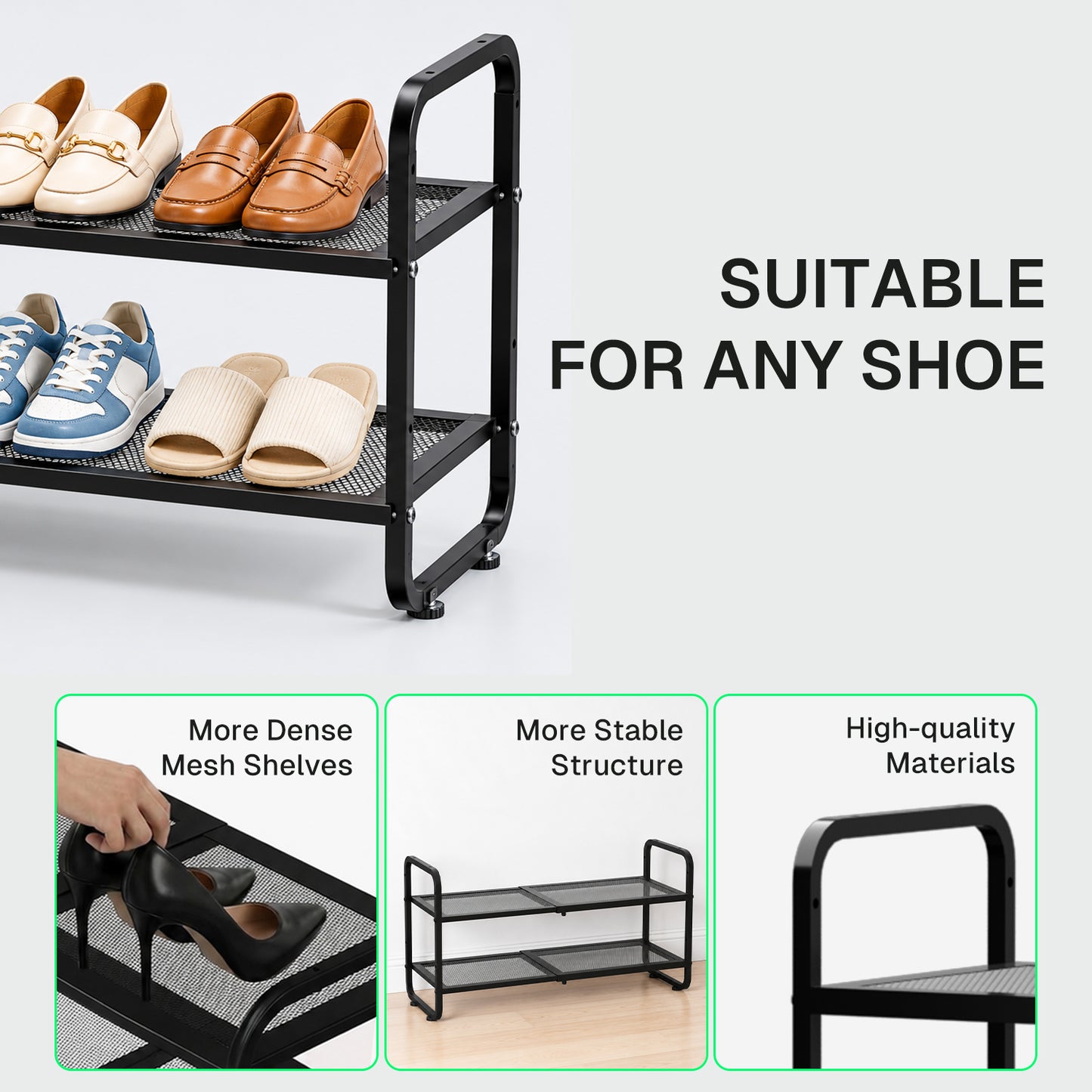 Behome 2-Tier Expandable Shoe Rack, Metal Shoe Shelf Storage, Adjustable Shoes Organizer for Closet, Entryway, Hallway, Garage, Front Door