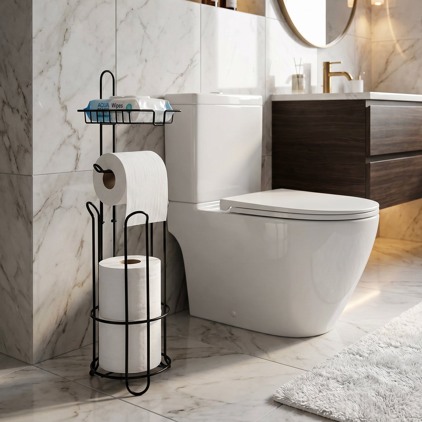 Behome Toilet Paper Holder Stand with Shelf, Freestanding Toilet Paper Holder with Dispenser for 4 Rolls, Heavy-Duty Steel Tissue Roll Storage Rack for Bathroom