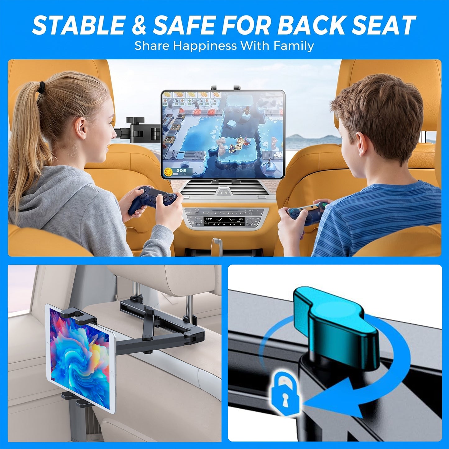 Behome Car Headrest Tablet Holder, Adjustable Tablet Holder for Car with Extension Arm, iPad Car Mount for iPad Pro, Air, Mini, Cell Phone,Galaxy Tab , All 4.7-12.9" Screen Devices
