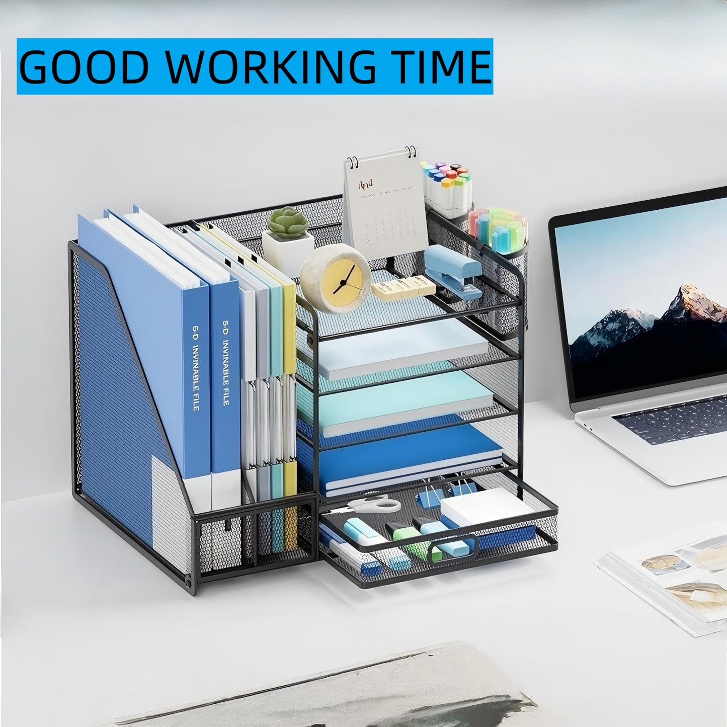 Behome Desk Organizer with File Holder, 5-Tier Desktop File Organizer with Drawer and 2 Pen Holders, Desk File Organizer for Office, Home or School, Black