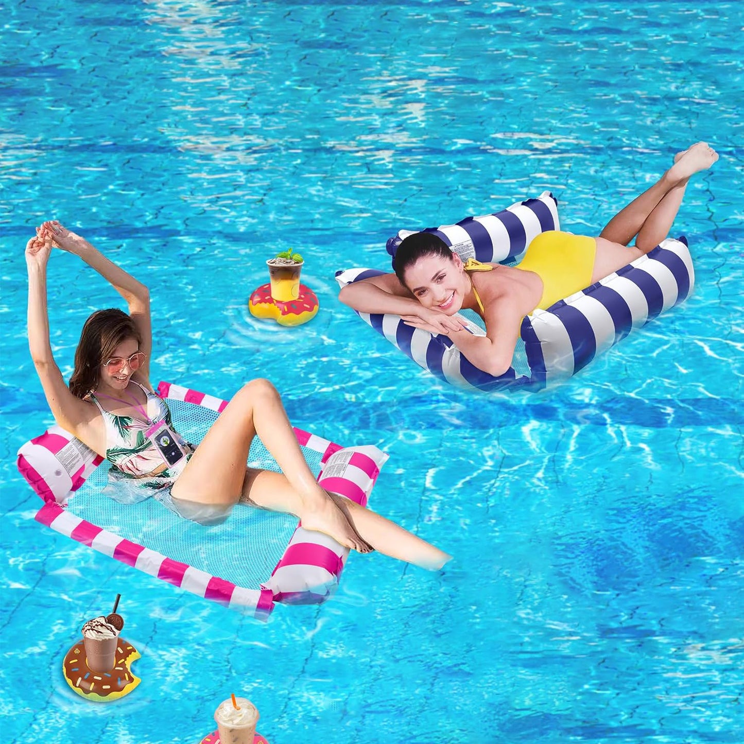 BN-LINK 4-in-1 Inflatable Pool Floats Adult, 2 Pack Multi-Purpose Water Hammock, Floating Lounger for Swimming Pool Lake Beach, Adults Vacation Fun and Rest(Dark Blue+Red)