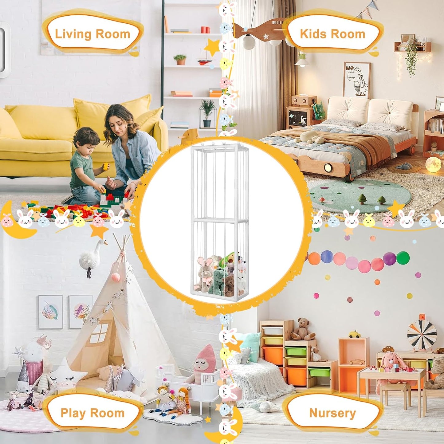 Behome Stuffed Animal Storage, Stuffed Animal Organizer with Elastic Cords for Boys Girls, Cute Zoo Toy Holder for Toddler Rooms, Playrooms & Bedrooms, White