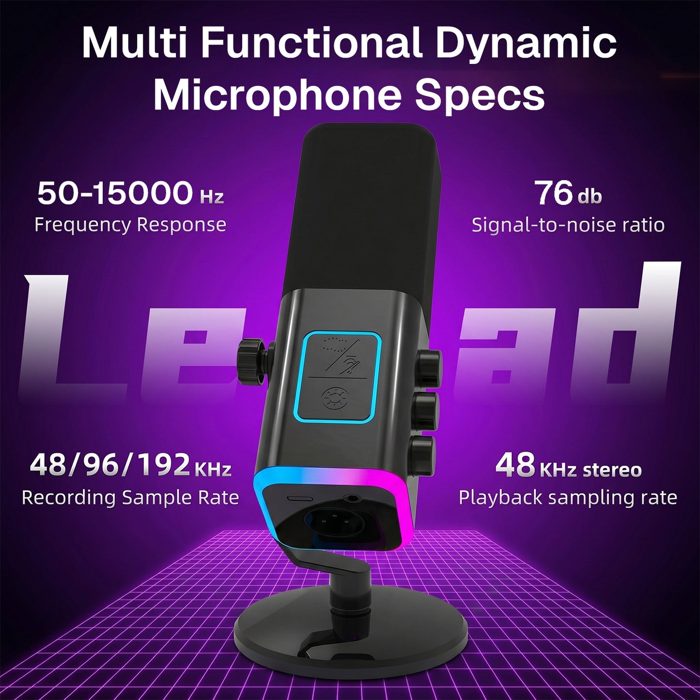 Behome 360° XLR USB Microphone, Podcast Microphone with RGB Light, Noise Cancellation, Volume Adjustment, Mute Button, Earphone Jack, Gaming Microphone,Balck
