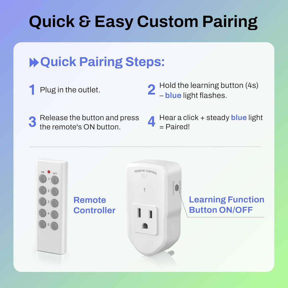 BN-LINK Wireless Remote Control Outlet with Extra Long Range, for Household Appliances, White (2 Remotes + 5 Outlets)