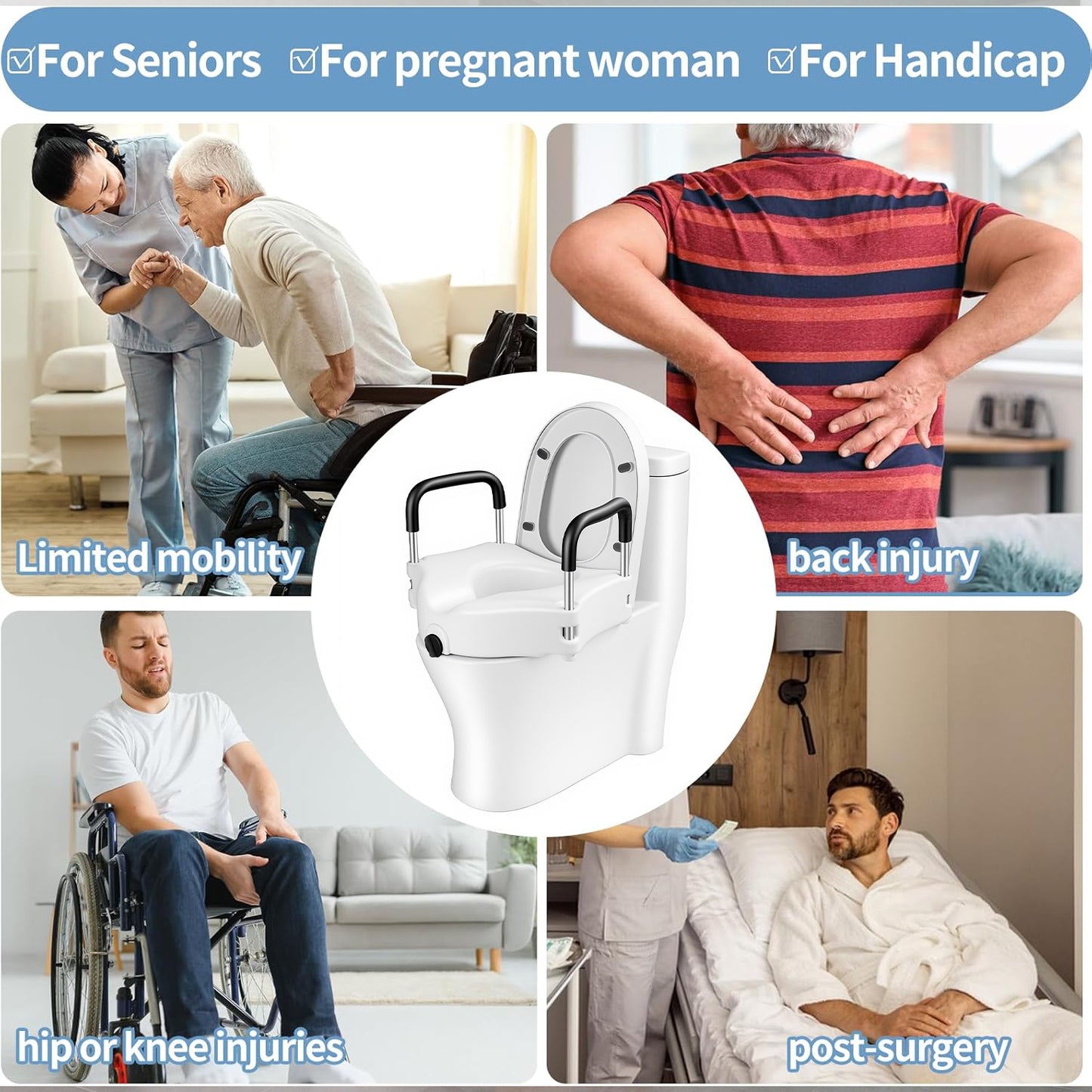 BN-LINK Raised Toilet Seat,Elevated Toilet Seat with Removable Padded Arms,Portable Toilet Riser for Seniors, Handicap, Bathroom Safety, 330 lb Capacity
