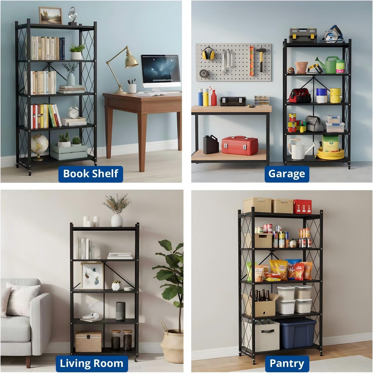 Behome 5 Tier Foldable Storage Shelves with Wheels, 28.1"x 13.4"x 61" Metal Shelving, No Assembly Storage Rack for Garage Kitchen, Basement, Pantry