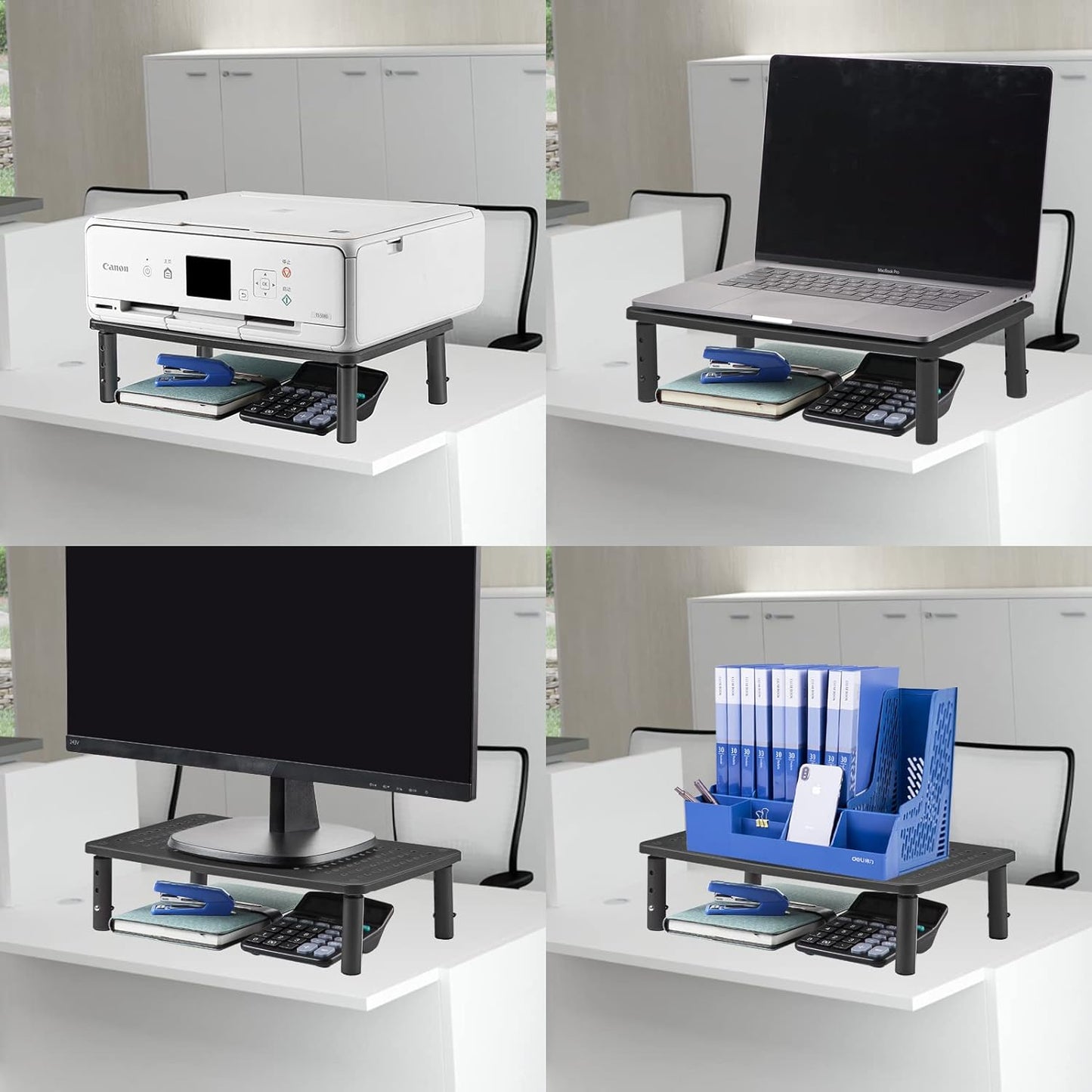 Behome 2 Pack Monitor Stand, Desk Monitor Riser 3 Height Adjustable, Laptop Riser with Airflow Vents, Desktop Stand for Computer, Printer, Monitor, Laptop, Black Steel, 14.57 in