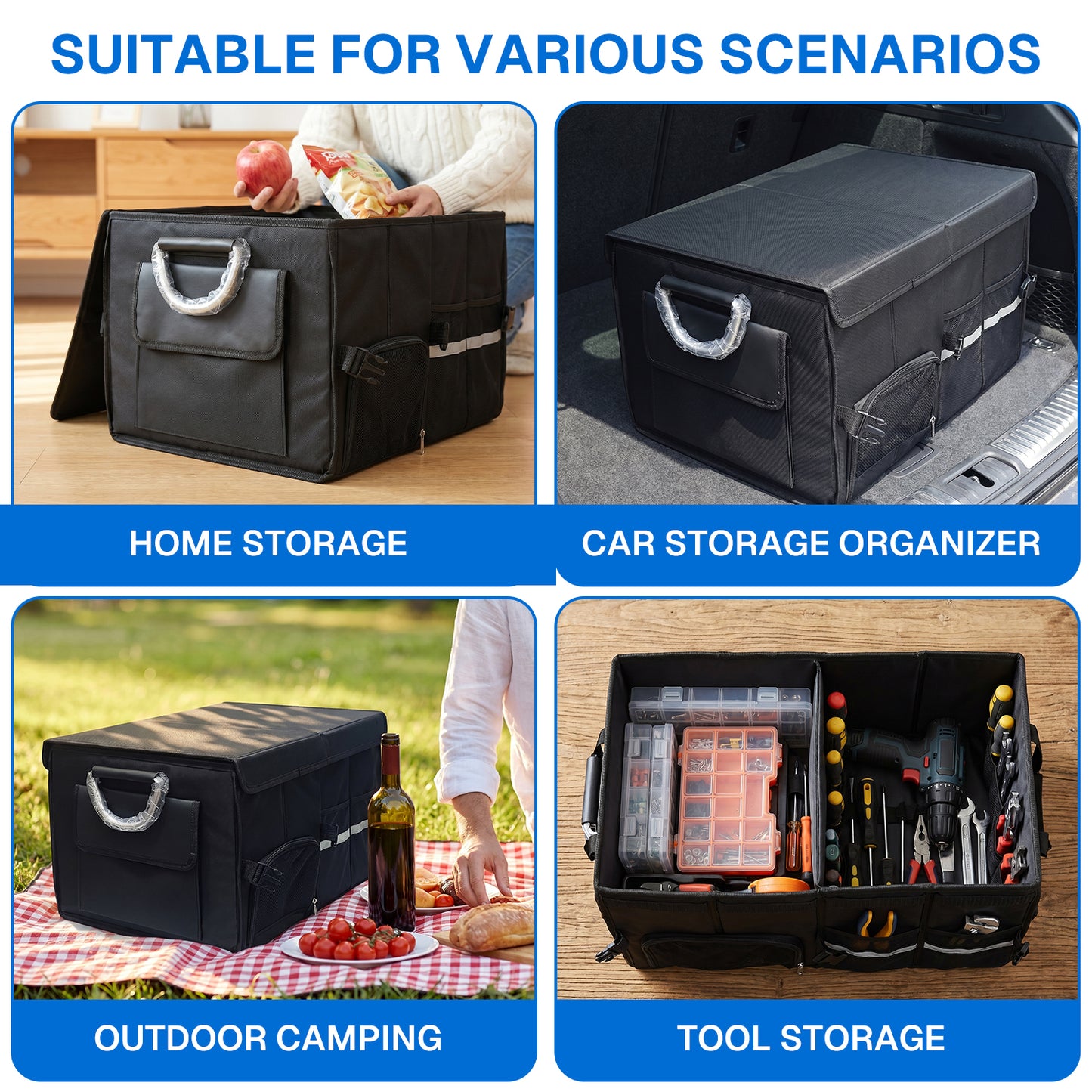 BN-LINK Collapsible Trunk Organizer, 24"L x 14"W x 12"H Car Trunk Organizer with Lid, Multi-Compartment Cargo Organizer for SUV, Truck, Sedan,Black